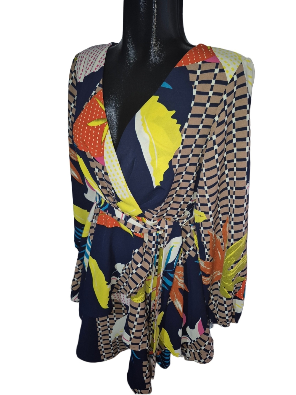 Colorful Geometric Abstract Wrap Style Swing Skater Belted Dress Size M - Picture 4 of 6
